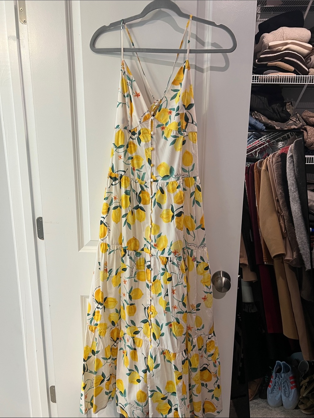 H&M White and Yellow Lemon-Print Spaghetti Strap Maxi Dress NWT